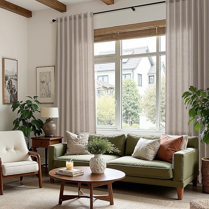 Nanspring Stone Beige 72 Inch Curtains for Living Room Linen Luxury Light Filtering Semi Sheer Curtain Back Tab Simple Modern Elegant Farmhouse Decor Drapes for Bedroom Office 52x72, 2 Panels