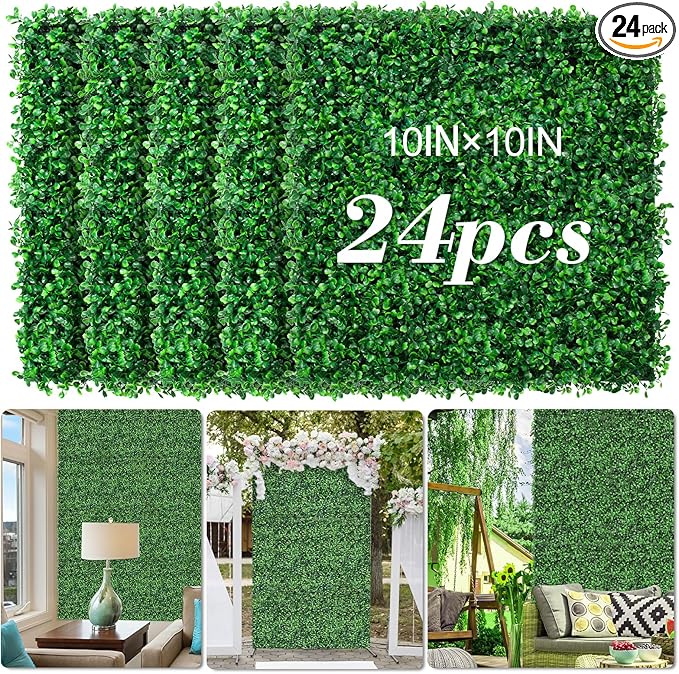 AOKIE 10"X10" Artificial Grass Wall, 24Pcs Boxwood Hedge Wall Panels UV-Anti Grass Backdrop Wall Decor, Greenery Privacy Hedge Screen for Indoor Outdoor Patio Balcony, Party Garden Fence Decor