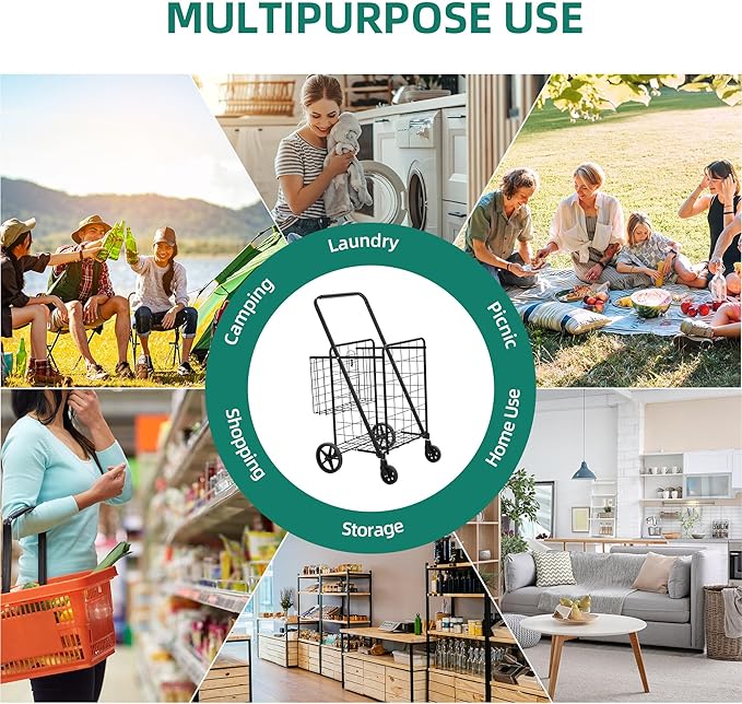YITAHOME Jumbo Folding Shopping Cart with Wheels, Double Basket Grocery Cart, Collapsible Utility Cart for Laundry, Storage & Organizing (Portable & Space-Saving)