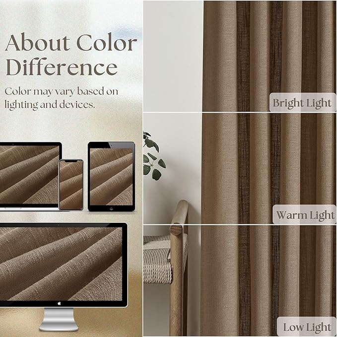 Extra Long Brown Linen Curtains 120 Inches Long Dutch Cocoa Boho Country Farmhouse Curtain Light Filtering Semi Sheer Back Tab Pinch Pleat Curtain for Tall Ceiling Living Room Bedroom 2 Panels