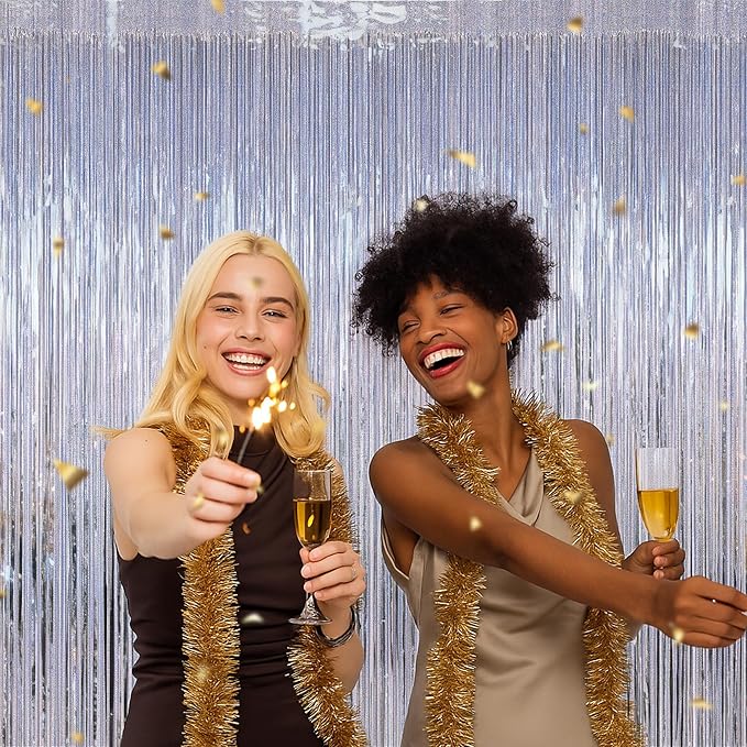 4 Pack NYE Silver Tinsel Foil Curtain, 3.28 FT x 7.05 FT Glitter Silver Tinsel Curtains, Metallic Foil Streamer Disco Fringe Backdrop Party Curtains, Birthday New Year Party Supplies Disco Decor