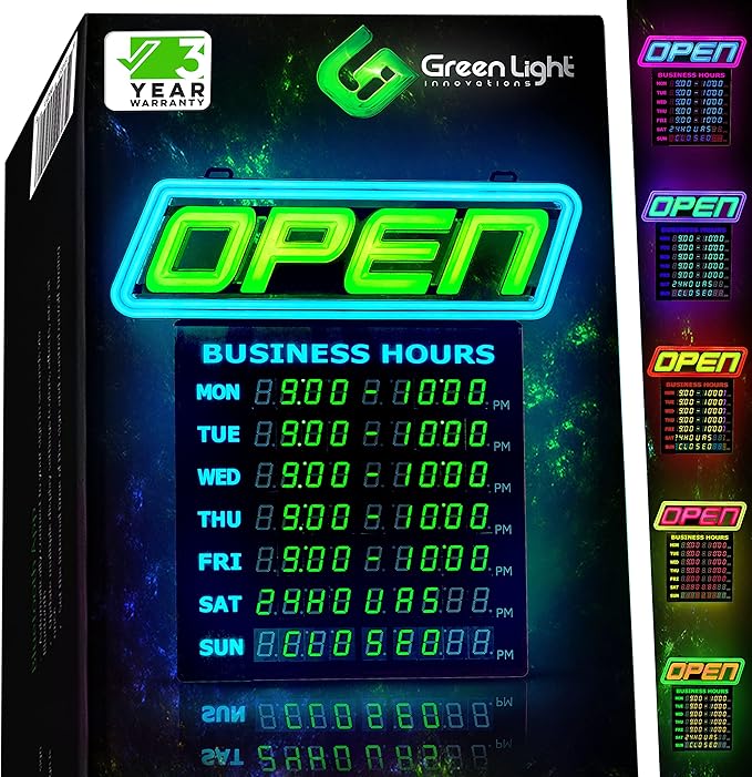 Super‑Bright LED Open Sign with Business Hours – Programmable App, 1000s of Color Combos, Neon Flash/Scroll Modes, Energy-Efficient Indoor Wall-Mount (15×16.5 in)