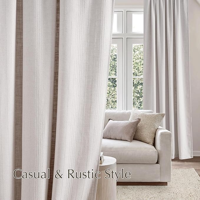 NICETOWN Linen Curtains Jacquard Waffle Weave Pattern, Boho Window Treatments Privacy with Light Filtering Drapes for Living Room, Angora, W52 x L108, 2 Panels