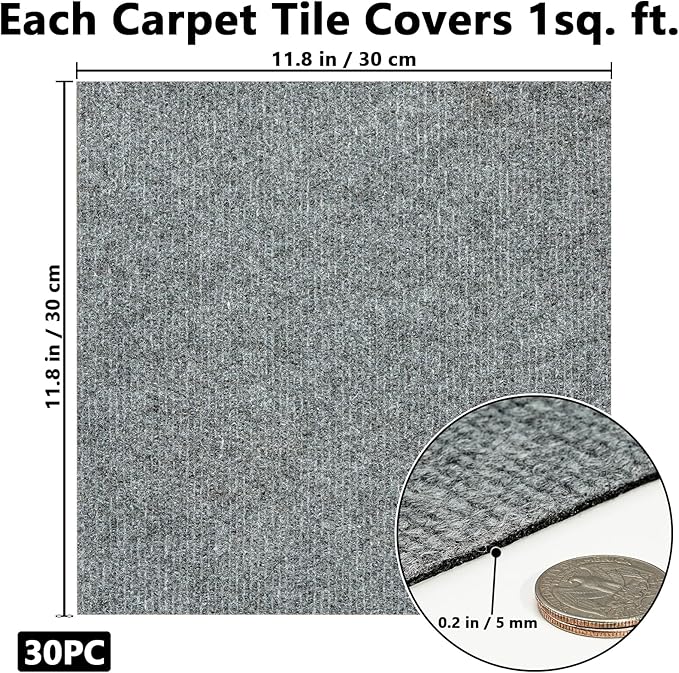 30Pcs Carpet Tiles Peel and Stick, Self Adhesive Carpet Floor Tile 12” x 12”, Light Grey Soft Padded Flooring Sticker, Home Decor for Bedroom Living Room Office, 30 sq ft per Box