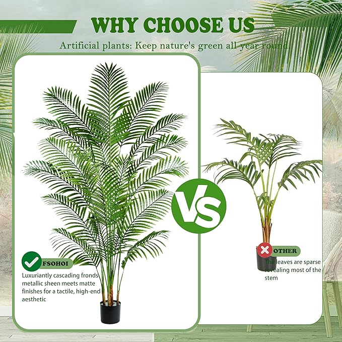 Artificial Palm Tree 6FT Artificia Plants Indoor Fake Trees Tropical Fake Plam Tree Areca Floor Plant in Black Pot with 18 Trunks & Real Bark Design Faux Palm Plant for Outdoor Home Room Decor
