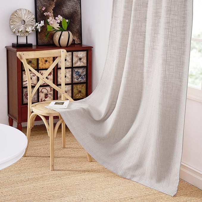 NICETOWN Boho Linen Curtains Jacquard Waffle Weave Pattern, Thick Window Treatments Privacy with Light Filtering Drapes for Living Room, Angora, W52 x L84, 2 Panels