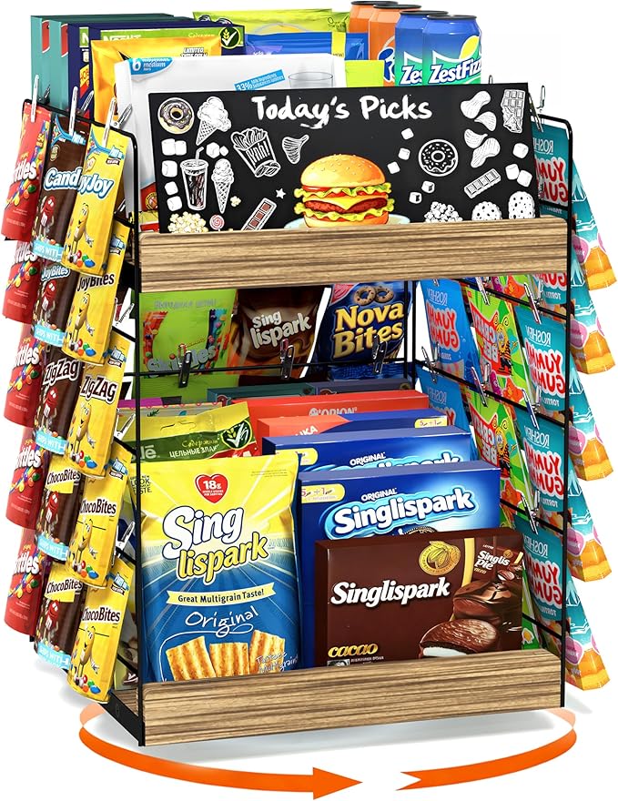 Chip Rack Display Stand, 6 Tiers 50 Clips Snack Organizer, 360° Rotating Wood Base Candy Display Rack, Portable Retail Display Shelf for Countertop, Office, Store, Kitchen, Party