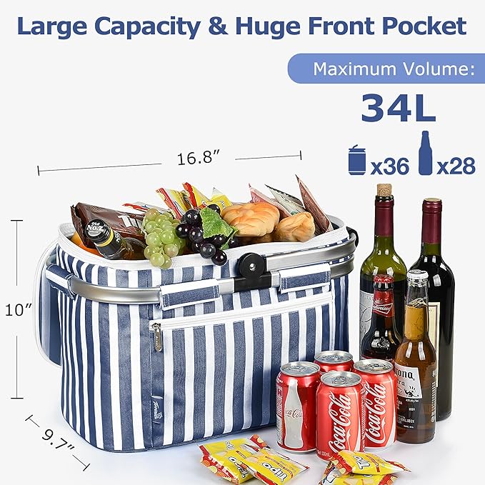 Tirrinia Large Insulated Picnic Basket, 34L Water Resistant & Leakproof Collapsible Portable Cooler Basket Set with Aluminium Handle for Travel, with a Free Foldable Grocery Bag, Strip