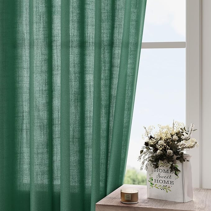 Dark Green Linen Curtains for Living Room 63 Inches Long 2 Panel Set Light Filtering Linen Drapes for Kitchen Windows Rod Pocket Back Tab Short See Through Curtain Country Farmhouse Decor 52x63