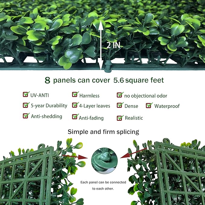 Artificial Grass Wall Backdrop Panels: 10 by 10 in (8 Pcs) UV-Anti Greenery Boxwood Panels for Indoor Outdoor Green Wall Decor & Ivy Fence Covering Privacy