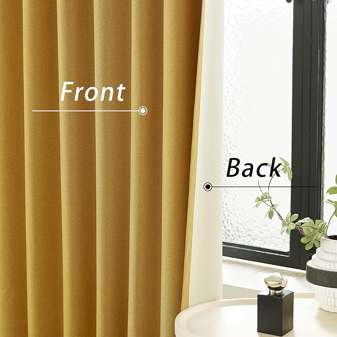 DUALIFE 96 Inch Curtains 2 Panel Set Farmhouse Blackout Heat Reducing Sun Block Out Curtains for Bedroom Dorm UV Blocking Noise Canceling Burlap Linen Look Drapes Rod Pocket Back Tab,50 X 96 Yellow