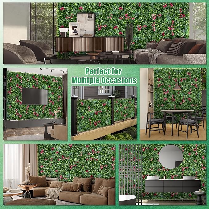 Artificial Boxwood Wall Panels, 20''x20'' 16pcs Grass Wall Panels with Mint Plant Leaves, Greenery Backdrop Privacy Screen with UV Protection, Green Grass Wall for Garden Indoor Outdoor Decor