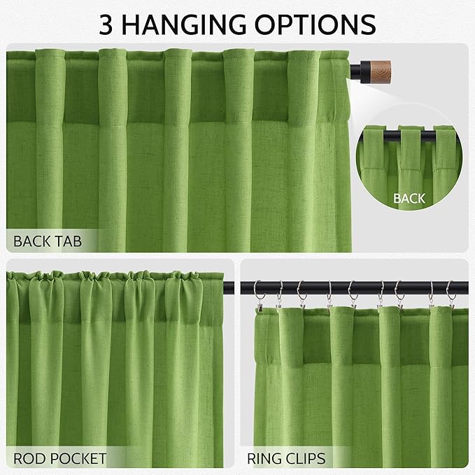 Lime Green Curtains 63 Inches Long 2 Panel Sets for Living Room Bedroom, Light Filtering Linen Drapes for Kitchen Windows Rod Pocket or Back Tab Curtain,Semi Sheer 52x63