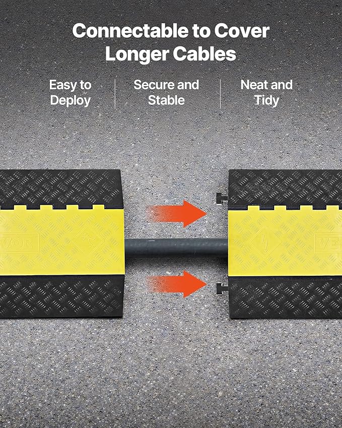 VEVOR Rubber Cable Protector Ramp, 2 Channel Heavy Duty Rubber Cord Hose Wire Cover, 4'' W x 3'' H Large Channel Size, Driveway Traffic Speed Bump with Flip-Open Top Cover, for Indoor Outdoor Use