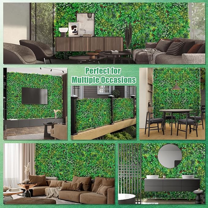 Artificial Grass Wall Panels, 20''x20'' 16pcs Boxwood Wall Panels with Tropical Leaves, Faux Greenery Privacy Fence Screen, Grass Backdrop for Outdoor Indoor Garden Birthday Wedding Decor