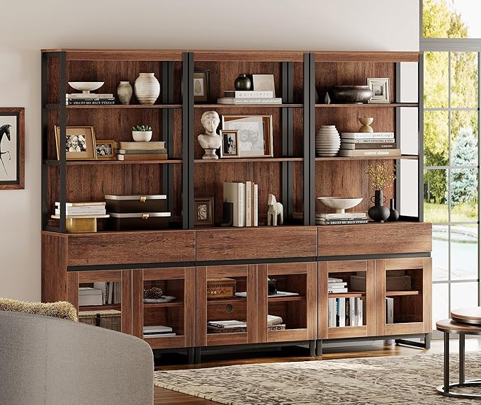 WAMPAT 3 PCS Modern 72" Tall Bookcase with 3 Drawers and Open Book Shelf, Library Book Shelf with Storage Cabinet and Glass Doors, Wood Freestanding Bookshelves for Home Office, Living Room, Brown
