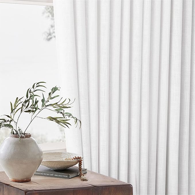 Pinch Pleated Linen Curtains 108 Inches Long 2 Panels Set for Living Room Bedroom Farmhouse Snow White Cotton Linen Blend Back Tab Pinch Pleat Drapes Ceiling Floor Extra Long Window Curtains 9 Ft