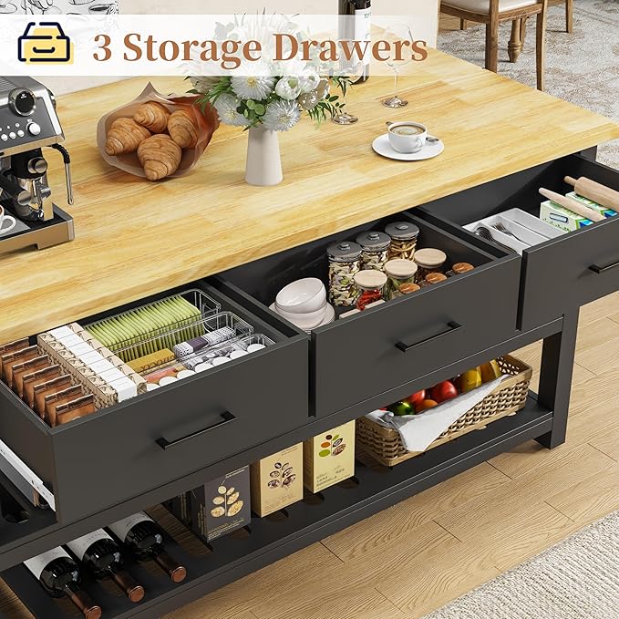 60" Solid Rubberwood Kitchen Island with Power Outlets - Extra Large Work Surface, 3 Drawers & 2 Open Shelves Storage Cabinet for Kitchen Dining Room, Farmhouse Style (Black)