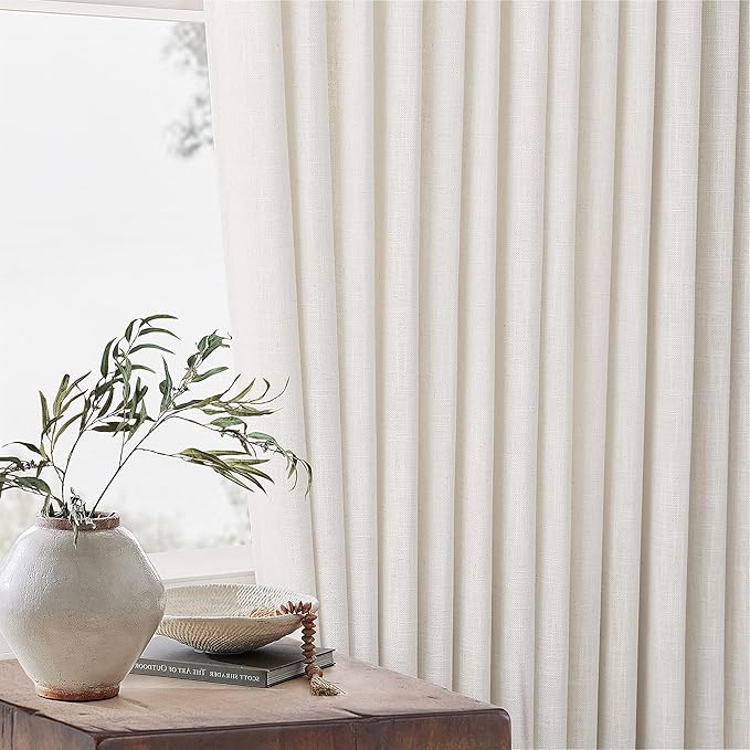 Extra Long Pinch Pleated 132 Inch Linen Curtains 2 Panels Set for High Ceiling Living Room Bedroom Memory Shaped Semi Sheer Pleat Drapes with Hooks Rings Light Filtering Natural Window Curtain 40x132
