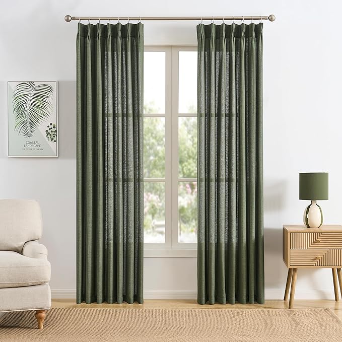 RAIN CITY 2 Panels Long Pleated Sheer Curtains 120 Inch Long 10ft, Back Tab Pinch Pleat Track System Drapes with Hooks, Modern Winow Curtain for Ceiling Living Room Patio 42x120-Loden/Olive Green