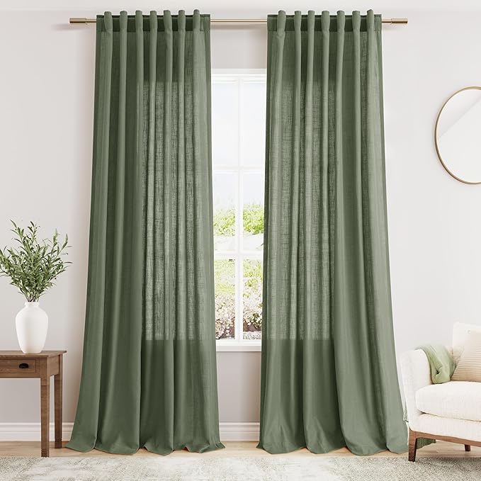 Extra Long Curtain 108 Inches Long 2 Panels Set Back Tab Olive Green Linen Drapes for Living Room Neutral Farmhouse Light Filtering Semi Sheer Linen Curtains 108 Inch Length for Large Window 9 FT