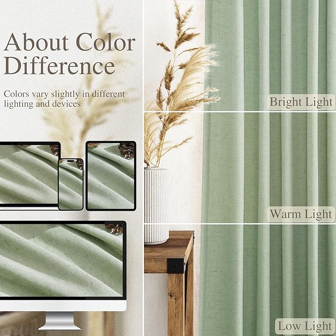 Nanspring Mist Sage Linen Curtains 102 Inches Long Rod Pocket Back Tab Drapes 2 Panels Set for Living Room Bedroom Light Filtering Semi Sheer Mist Sage Curtain 102 Length for Patio Door 52x102
