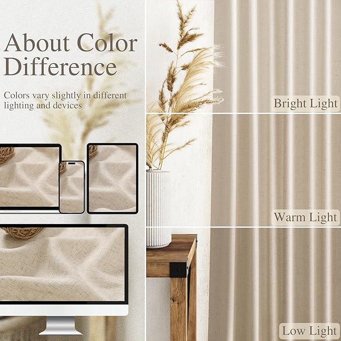 Nanspring Living Room Curtains 63 Inch Length Linen Birch Beige Luxury Light Filtering Semi Sheer Curtain Back Tab Modern Farmhouse Decor Elegant Coastal Drapes for Bedroom Office 52x63, 2 Panels