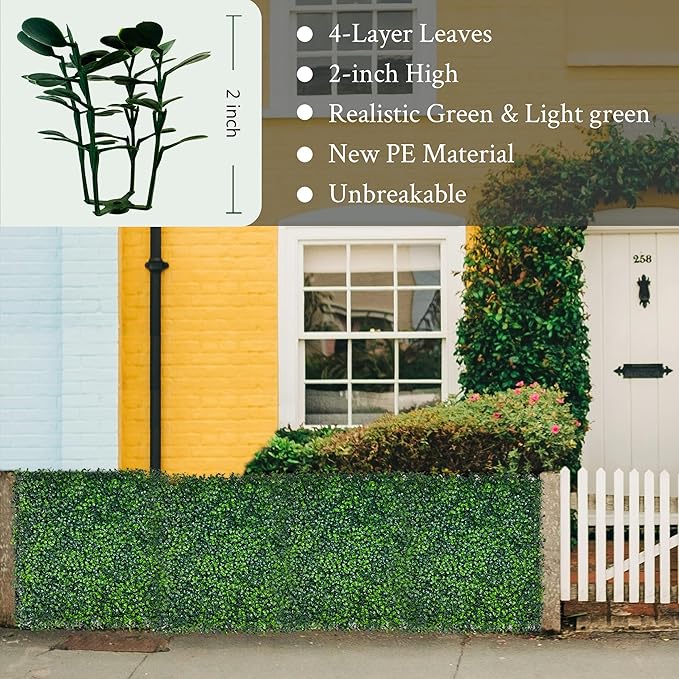 Artificial Grass Wall Panel,10"x 10"(24P) 4-Layer Leaf UV-Anti Greenery Faux Boxwood for Indoor,Outdoor Patio Balcony Privacy & Ivy Fence Covering Privacy, Garden, Backyard Wall Backdrop Decor