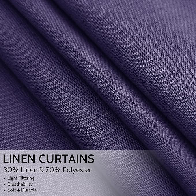 Nanspring Purple Linen Blend Light Filtering Back Tab Curtains 96 Inches Long, Semi Sheer Privacy Drapes for Living Room & Bedroom, 52x96 inch, 2 Panels