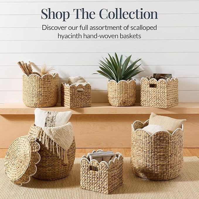 Best Choice Products 3pc Water Hyacinth Scalloped Multipurpose Nesting Baskets, Storage Bin Organization Totes for Living Room, Bedroom, Nursery, Laundry Room - Natural w/White Trim