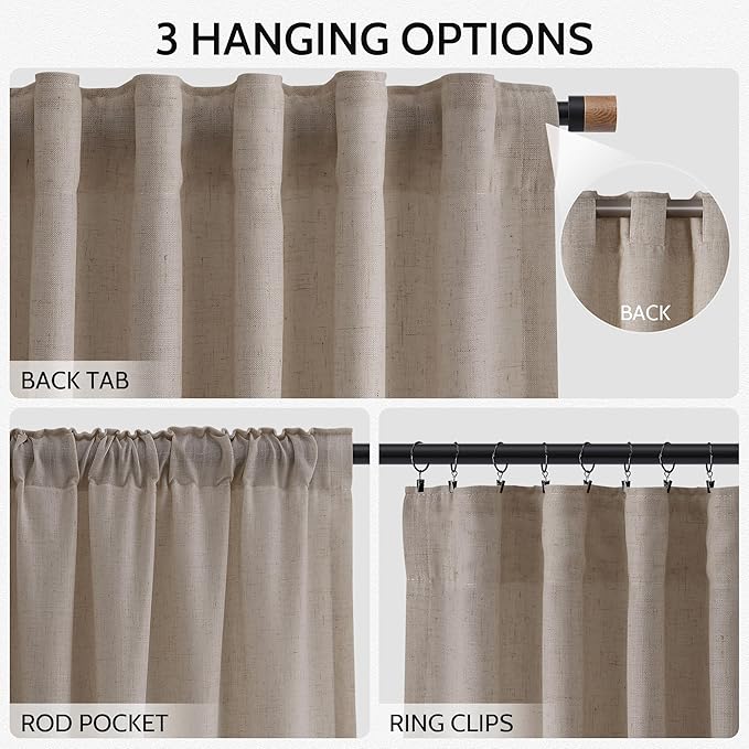 Nanspring Ecru 72 Inch Curtains for Living Room Linen Blend Luxury Light Filtering Semi Sheer Curtain Back Tab Rustic Decor Natural Farmhouse Elegant Boho Drapes for Bedroom 52x72, 2 Panels