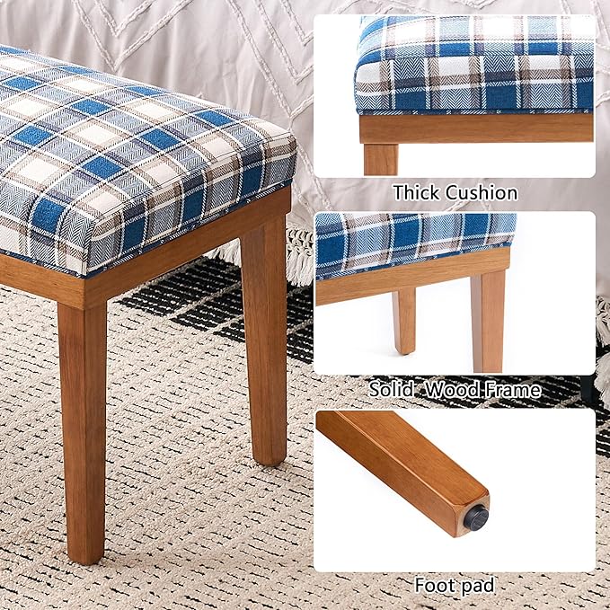 Rowill 53 Inch Long Entryway Bench for Bedroom End of Bed, Dining Room Bench with Upholstered Padded Seat and Solid Wood Leg for Kitchen, Living Room, Indoor and Hallway, Blue