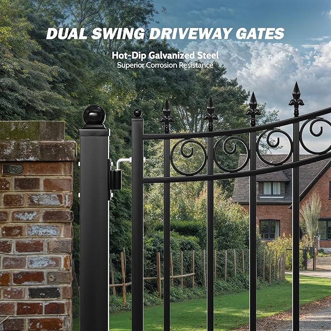 ZUMI Dual Swing Driveway Gates, 12x6 ft. Outdoor Steel Swing Gates for Driveway, Heavy-Duty Driveway Fence Gates for Home Security, Weatherproof Iron Security Gate Kit for Outdoor, Sydney Style