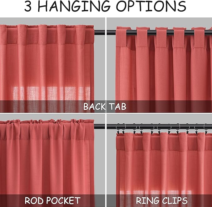 Nanspring Linen Curtains 96 Inch Curtains 2 Panels,Watermelon Red - Back Tab Rod Pocket Sheer Light Filtering Boho Room Decor Aesthetic Neutral Farmhouse Drapes for Living Room Bedroom 8Ft