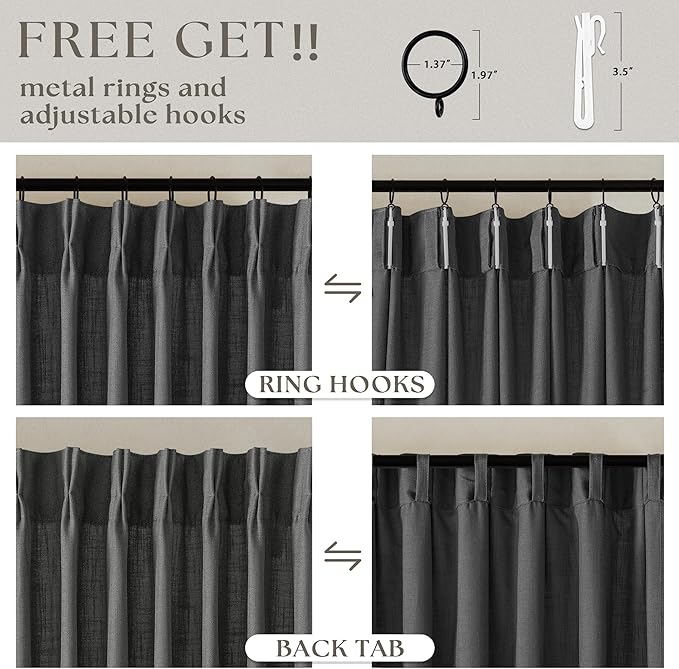 Charcoal Gray Linen Pinch Pleated Curtains 120 Inches Long for Living Room Pleated Drapes Back Tab Thick Linen Dark Grey Simple Modern Neutral Farmhouse Extra Long 120 Inch Curtain for Dining Bedroom