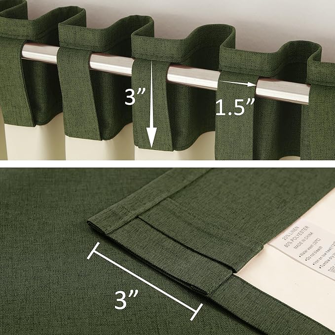 DUALIFE Olive Green Blackout Curtains 102 Inch Length 2 Panels Set for Living Room Bedroom Rod&Back Tab Thermal Insulated 100% Black Out Linen Drapes Room Darkening Window Curtains 72" x 102"