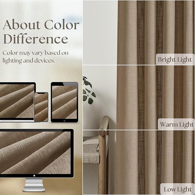 Pinch Pleated Neutral Linen Curtains 84 Inches Long 2 Panels Set for Living Room Dining Pinch Pleat Back Tab Light Filtering Farmhouse Boho Retro Window Curtain Drapes 84 Inch Length Latte Tan Brown