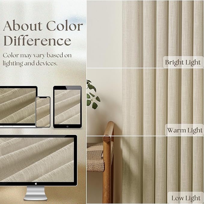 Beige Linen Curtains 96 Inches Long Pinch Pleated 2 Panels for Living Room Bedroom Memory Trained Semi Sheer Neutral Flax Pinch Pleat Drapes with Hooks Rings Light Filtering Window Curtain 40x96