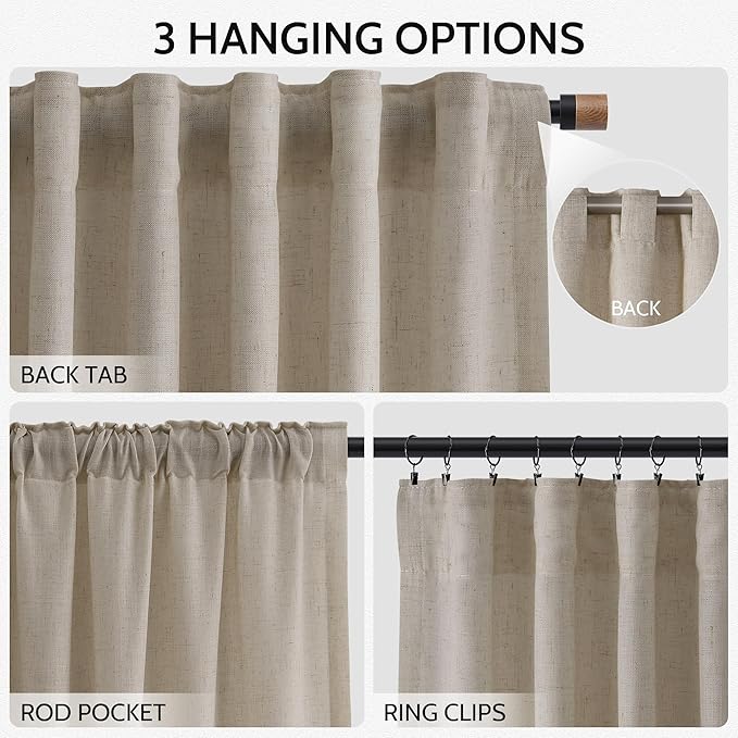 Nanspring 108 Inch Long Curtains for Living Room Cobblestone Linen Blend Light Filtering Semi Sheer Curtain Back Tab Modern Farmhouse Decor Floor to Ceiling High Window for Bedroom 52x108, 2 Panels