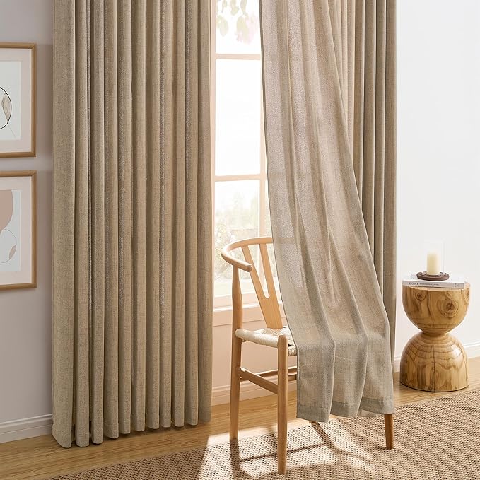 Dark Flax Pinch Pleated Linen Curtains 90 Inches Long Semi Sheer Memory Trained Ripple Fold Curtain with Hooks Back Tab Textured Light Filtering Drapes for Bedroom Living Room 42x90 Set of 2