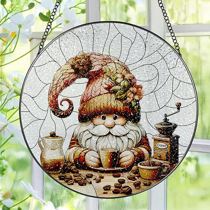 Stained Glass Window Hanging, Pauyadu Charming Gnome Sun Catchers, Stained Glass Suncatcher, Gnome Decor Gifts for Women, Mom, Grandma, Wife - 8 Inch