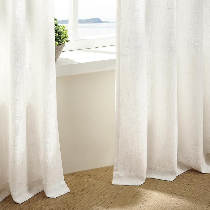 Pinch Pleated Linen Curtains 108 Inches Long for Living Room 2 Panels Set Cream Ivory Flax Double Pleated Drapes Back Tab Neutral Boho Ceiling Floor 108 Inch Window Curtains Bedroom Natural Birch