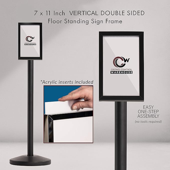 Crowd Control Warehouse Pedestal Standing Floor Sign Frame with Sloped Base, 7x11 Inch Vertical, Polished Brass