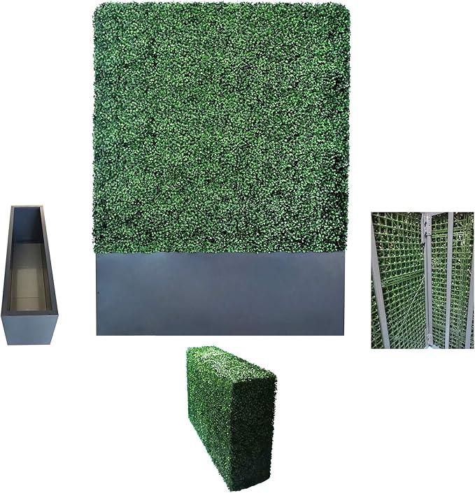 AGPL Artificial Boxwood Hedge Wall with Gray Color Stainless Steel Planter Box and Caster. Moveable Privacy Decorative Wall 48" W x12 D x 67“H …