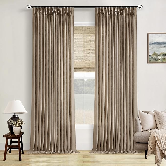 Extra Long Light Brown Linen Curtains 120 Inches Long Tan Brown Coffee Latte Farmhouse Rustic Curtain Light Filtering Semi Sheer Back Tab Pinch Pleat Curtain for Tall Ceiling Living Room 2 Panels