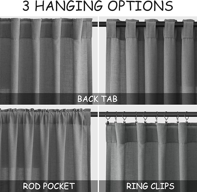 Nanspring Dark Gery Semi Sheer Curtains 72 Inches Long 2 Panels Set for Bedroom Privacy Back Tab Rod Pocket Light Filtering Drapes Cotton Linen Textured Farmhouse Living Room Curtain 52X72 Inches