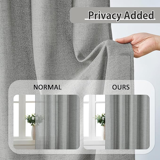 RAIN CITY Grey Linen Curtains 72 Inches Long Pinch Pleated with Hooks 2 Panels, Semi Sheer Textured Light Filtering Window Drapes for Bedroom Back Tab 42x72-in