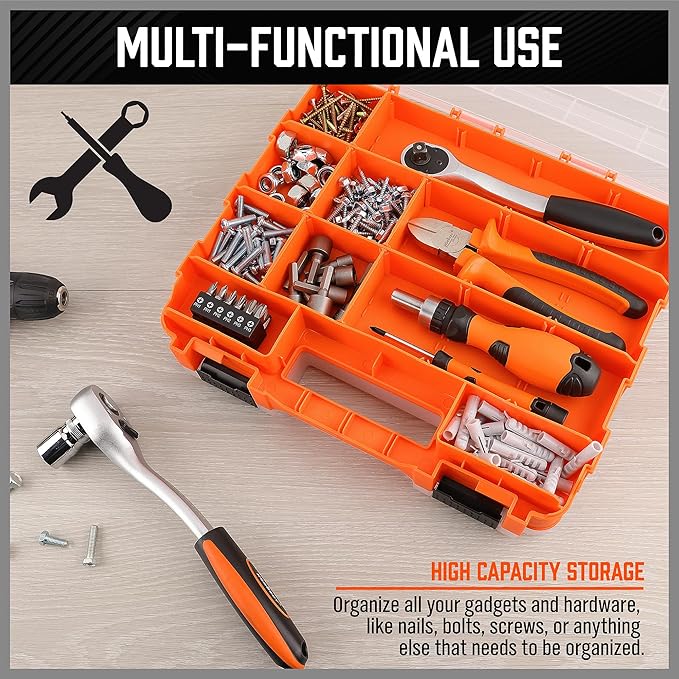 HORUSDY Small Parts Organizer, 34-Compartments Double Side parts organizer with Removable Dividers, Double Side Tools Box Screw Organizer For Nuts, Bolts, Screws, Nails, Small Hardware