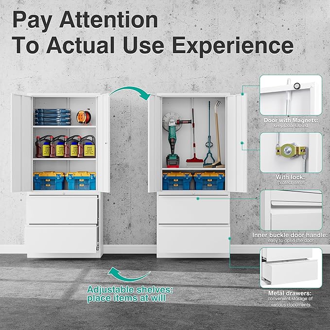 SISESOL Storage Cabinet Metal Display Cabinet with Glass Doors, 71in H x 31.5in W x 15.7in D, White, Kitchen Pantry Cabinet for Home Office, Bathroom, Bedroom, Living Room