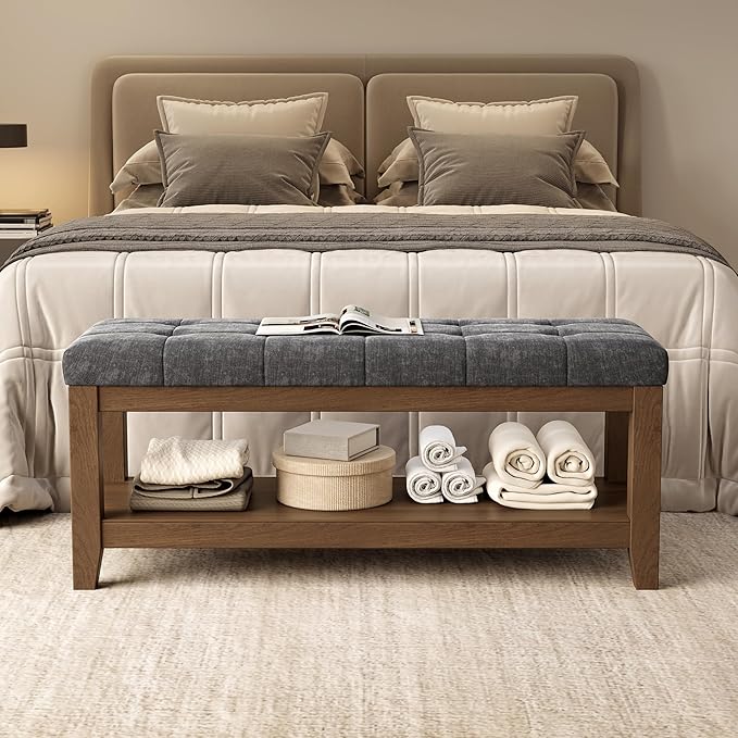 Solid Rubber Wood Shoe Bench, Soft Chenille Material Upholstered Seat, 770LB Load Capacity, Multi-Storage for Entryway/Bedroom/Living Room, Vintage Style, 43.3"x15.7"x17.7", Dark Gray,UASND65G